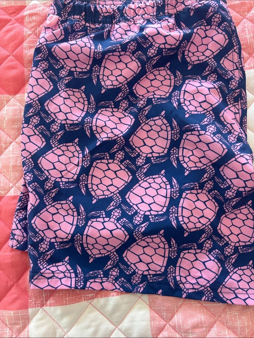 J. Crew Men's Navy Blue Swim Trunks with Pink Turtle Print
